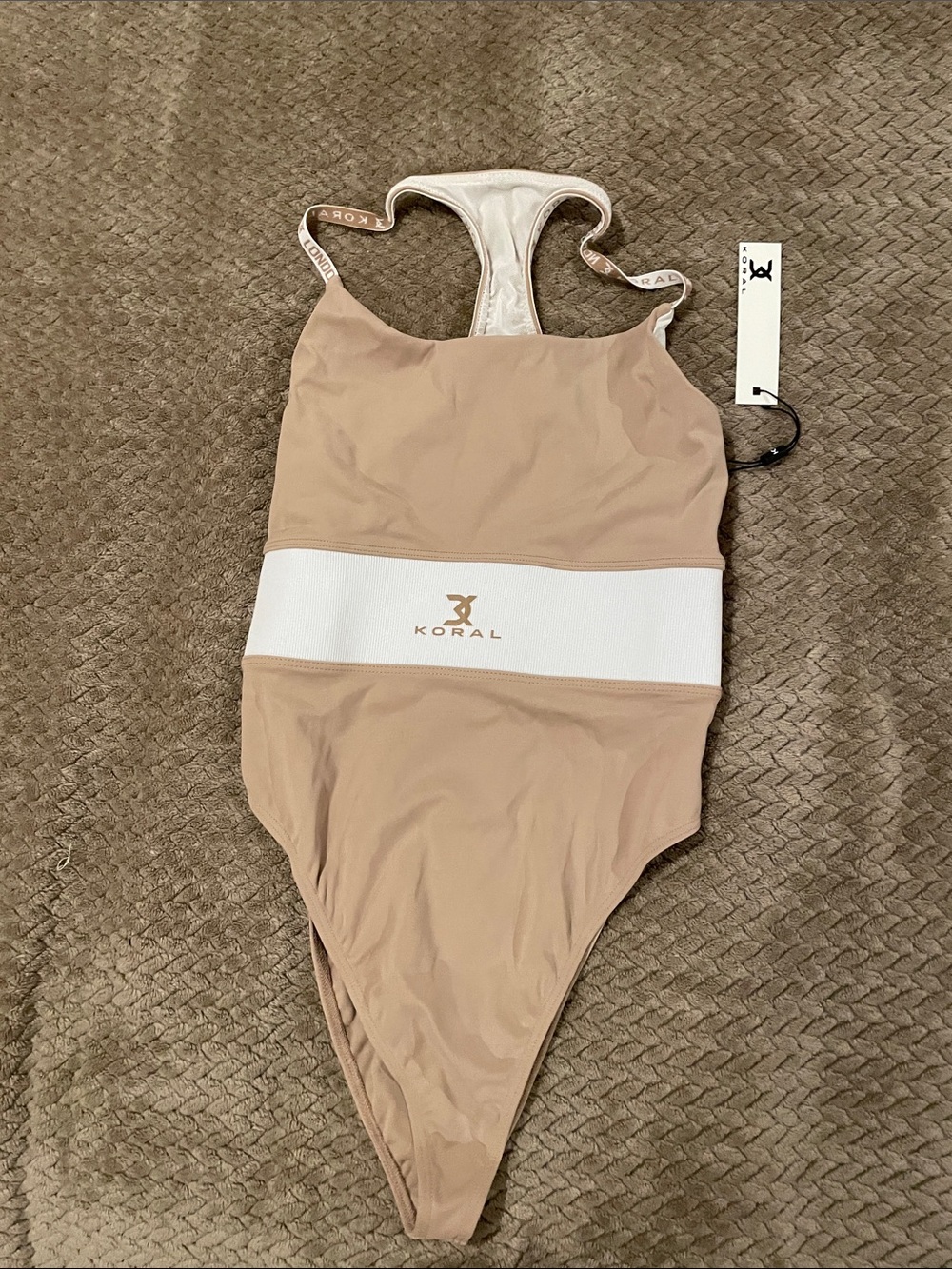 Koral Tan and White One-Piece Swim Bodysuit